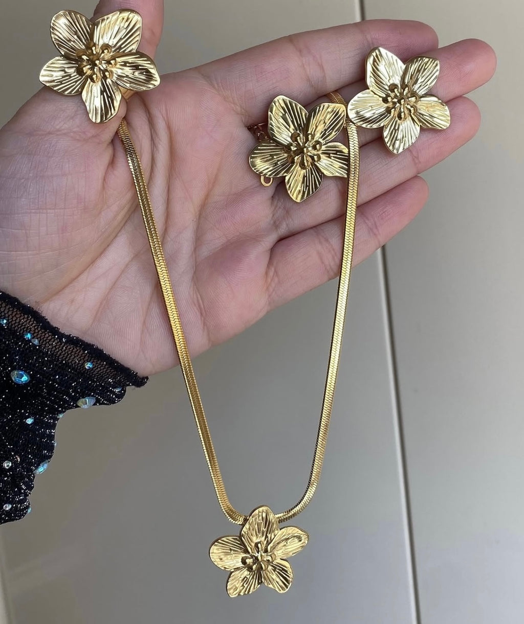 Ensemble bijoux fleurs acier inoxydable